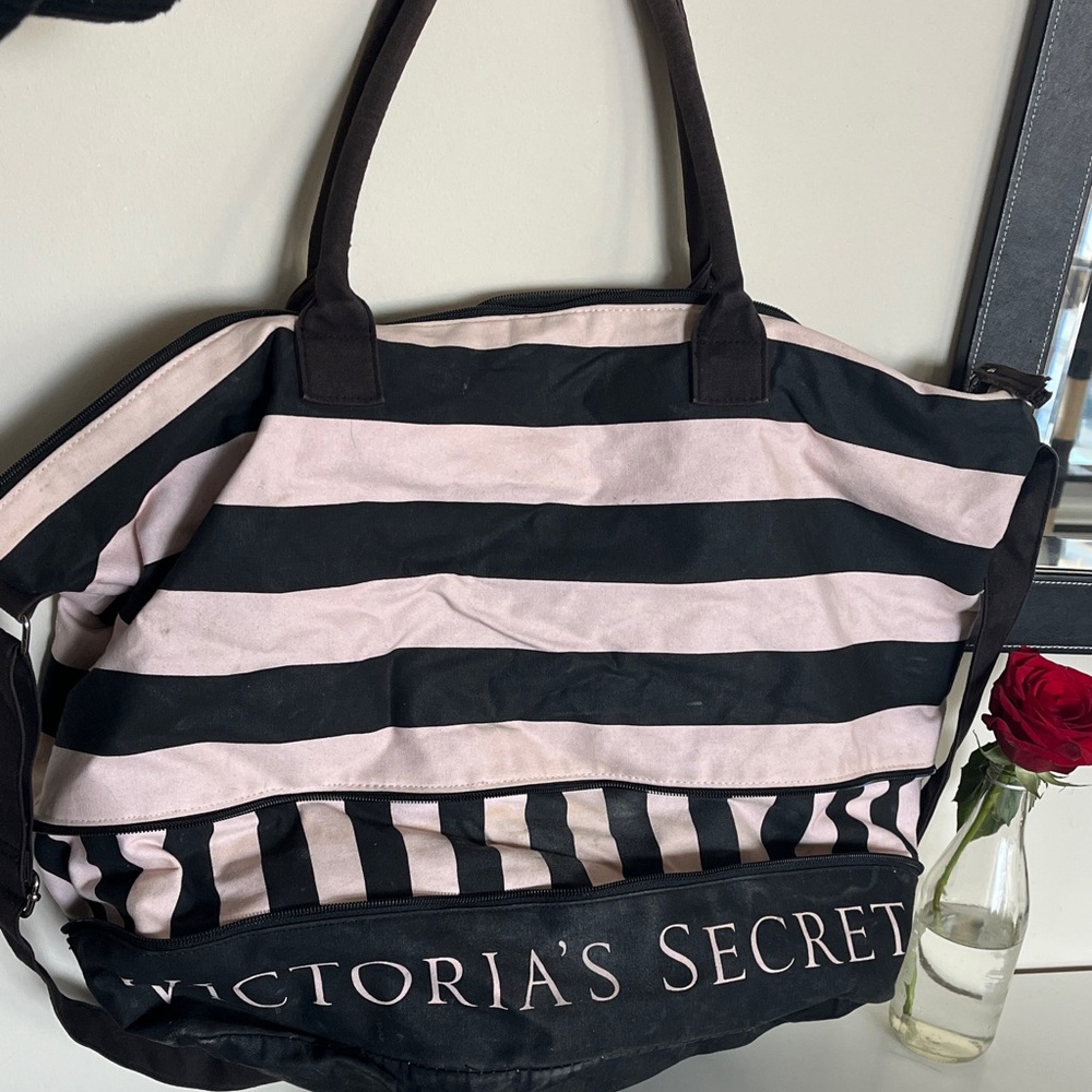 Victoria's Secret Black and Pink Striped Travel Bag